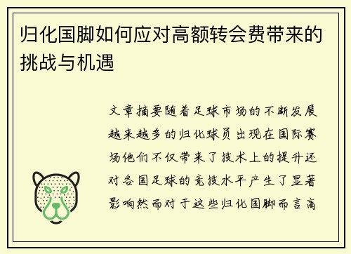 归化国脚如何应对高额转会费带来的挑战与机遇